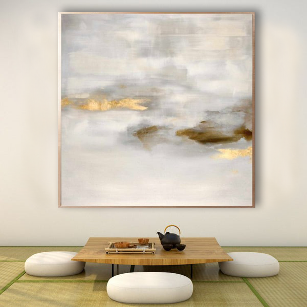 Golden Cloud Drift – Hand-Painted Abstract Wall Art with Textured Brushwork for Modern Living Rooms