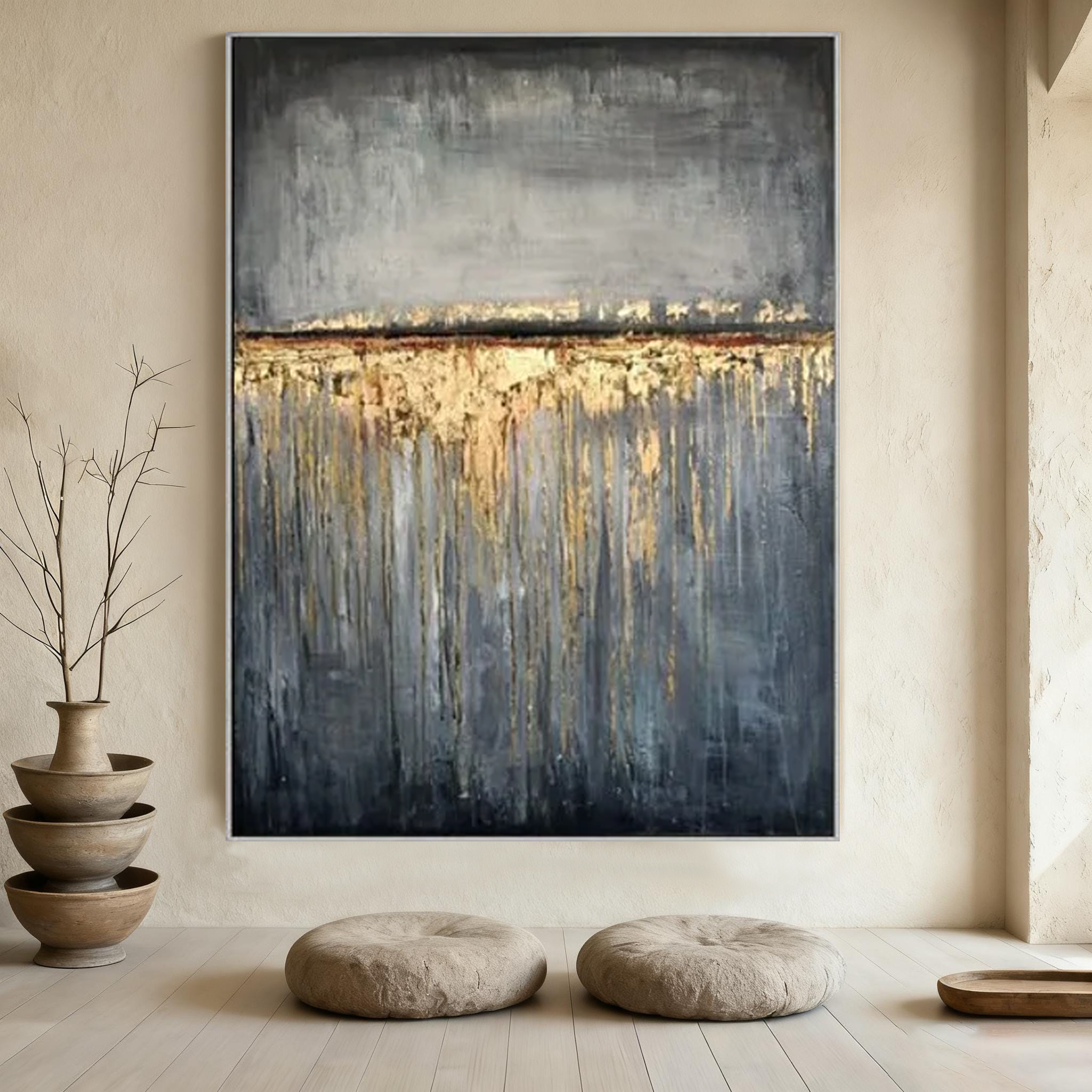 Gilded Horizon — Minimal Textured Abstract Oil Painting for Modern Interiors