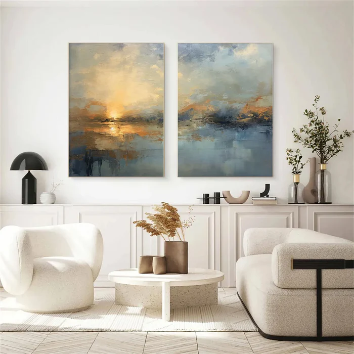 Sunset Reflection – Textured Abstract Landscape Diptych