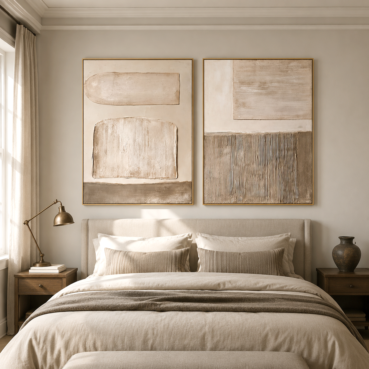 Hand-painted neutral textured abstract diptych wall art featuring geometric forms, heavy impasto texture, and warm beige tones for organic modern, Japandi, and minimalist interiors.