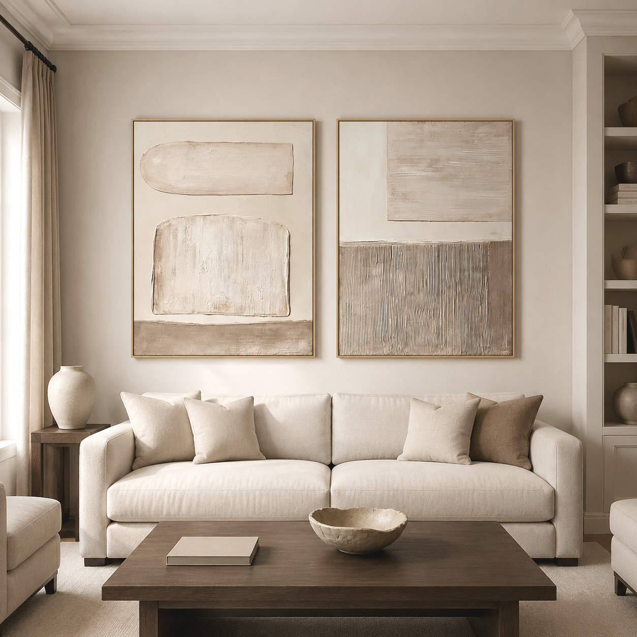 Quiet Geometry | Hand-Painted Neutral Textured Abstract Wall Art | Modern Minimalist Diptych Oil Painting