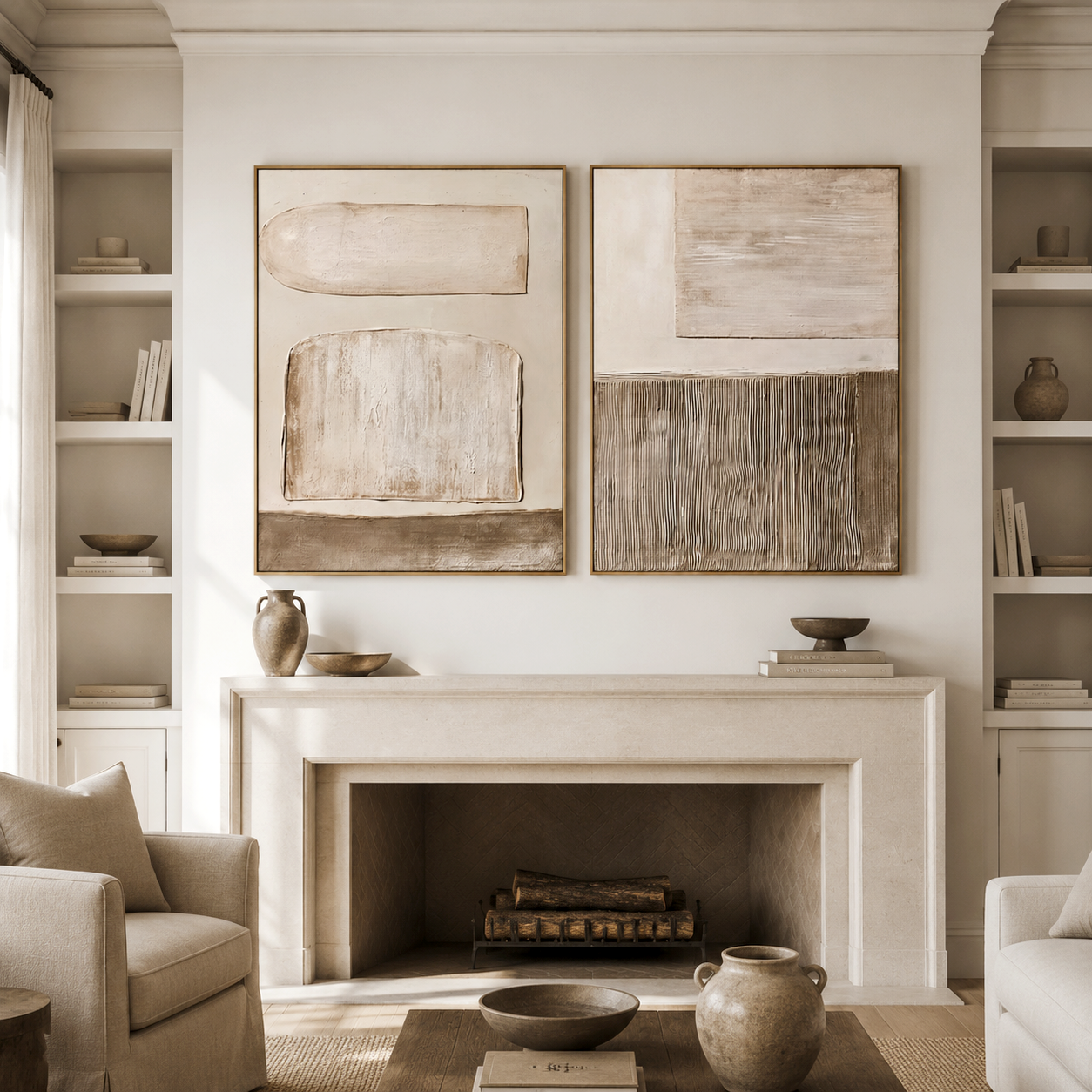 Quiet Geometry | Hand-Painted Neutral Textured Abstract Wall Art | Modern Minimalist Diptych Oil Painting