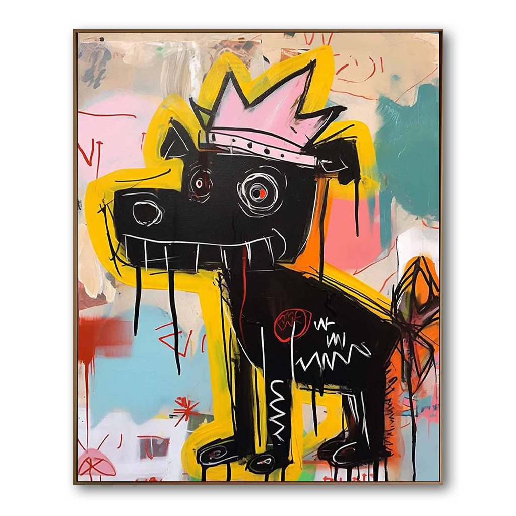 Graffiti Dog Wall Art – Pop Art Crowned Dog Canvas Painting for Modern Home Décor