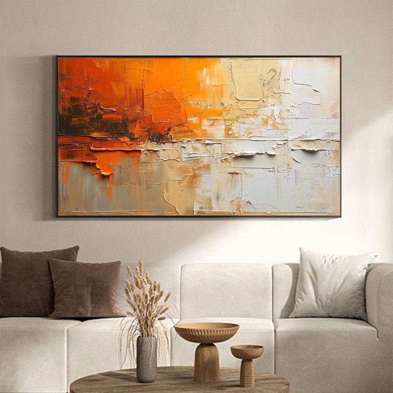 Modern textured abstract oil painting in orange and beige tones, handmade 3D wall art for living room
