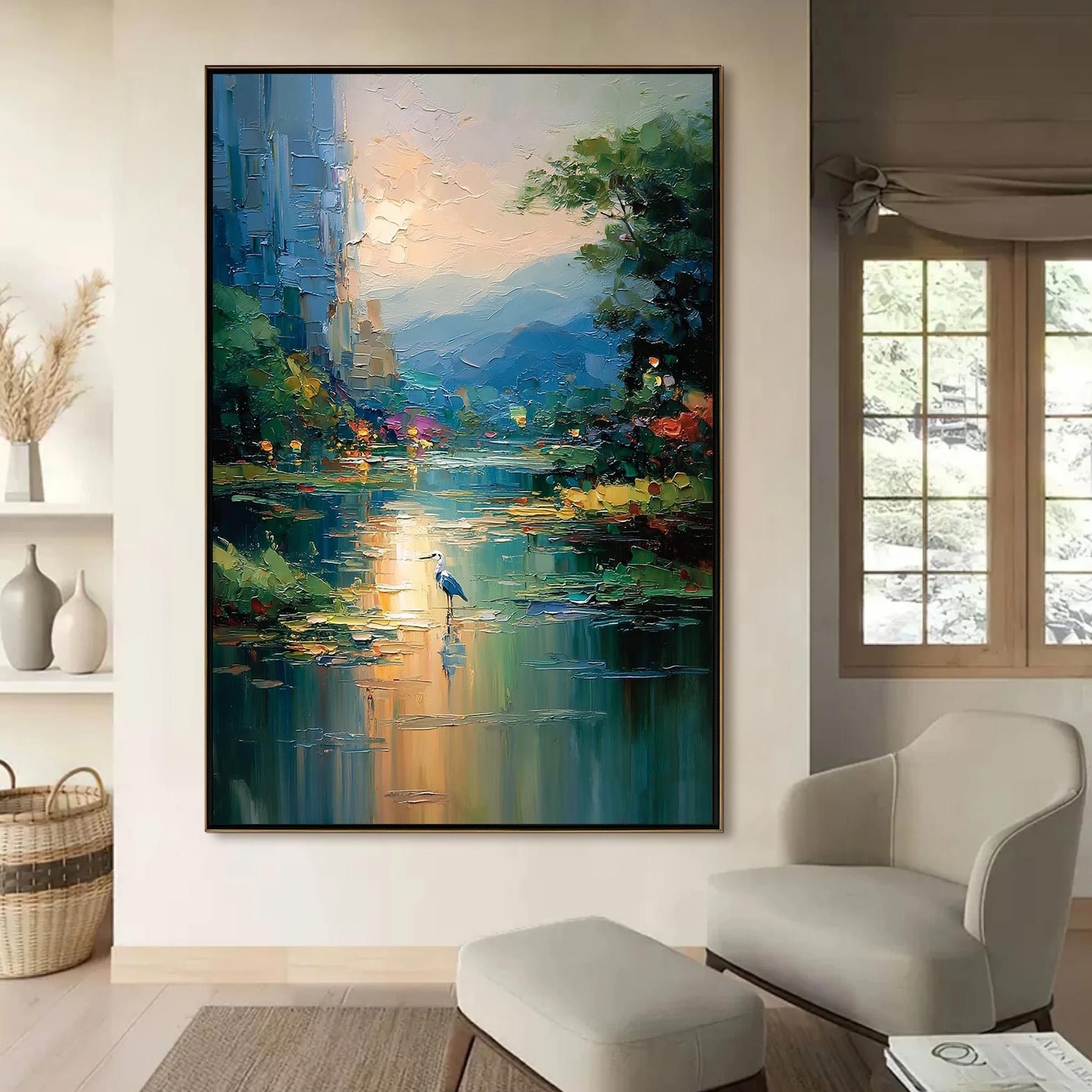 Reflections of Serenity – Abstract Landscape Canvas Wall Art, Mountain Lake Sunset Painting for Modern Home Decor