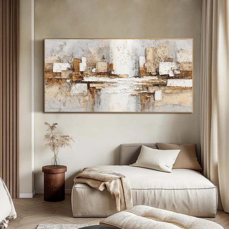 Balanced Horizon — Horizontal Textured Abstract Oil Painting for Modern Bedroom Wall Art