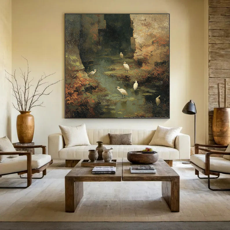 Hand-Painted Nature Landscape Wall Art Textured Bird & Water Scene Canvas for Elegant Home Decor