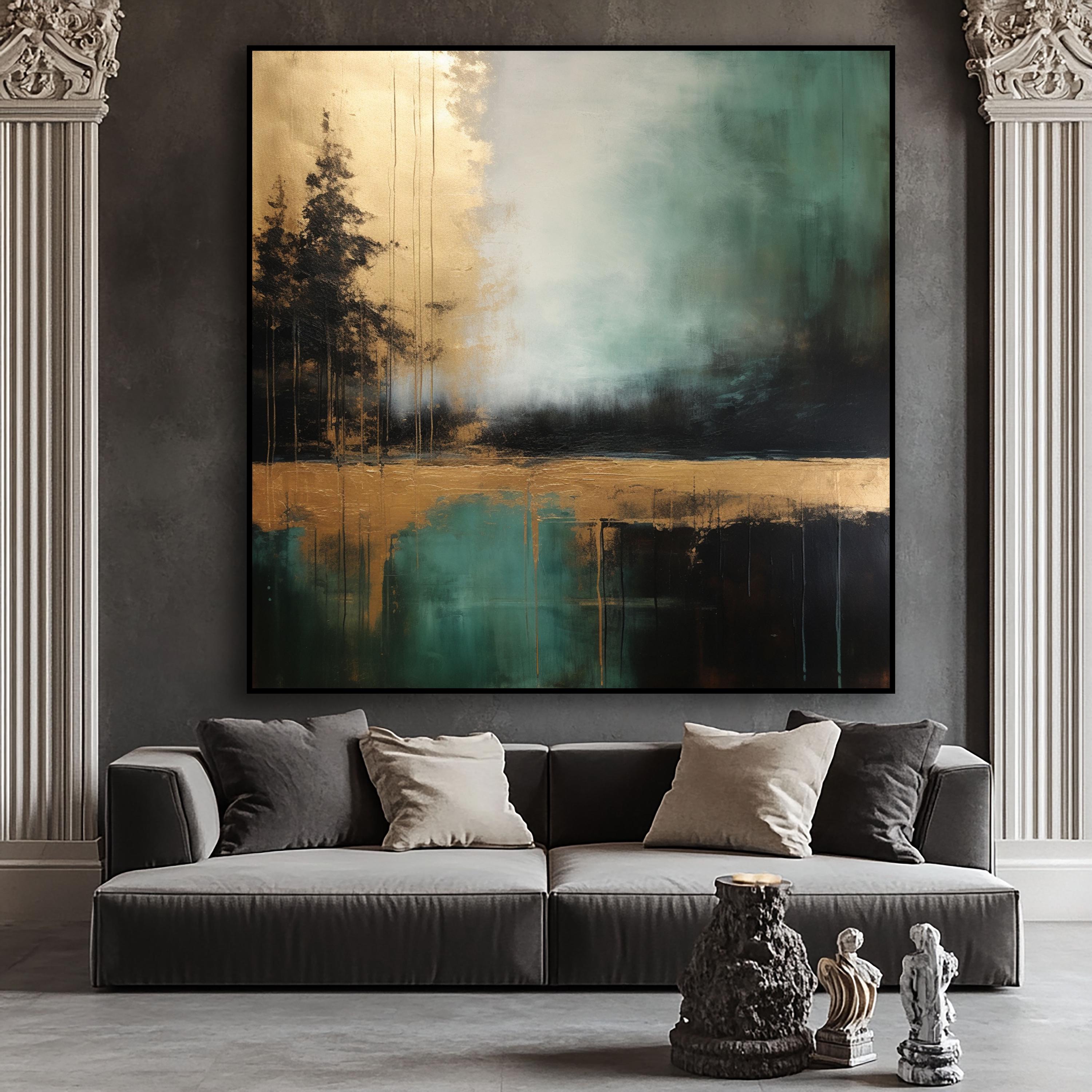 Modern Abstract Forest Oil Painting - Gold & Green Landscape Art for Home Décor