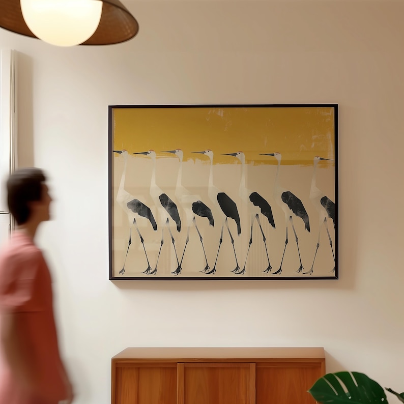 Silent Procession - Modern Crane Bird Oil Painting