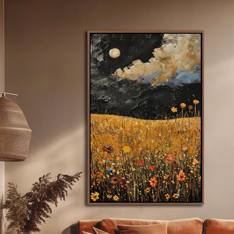 Moonlit Meadow – Hand-Painted Floral Landscape Wall Art