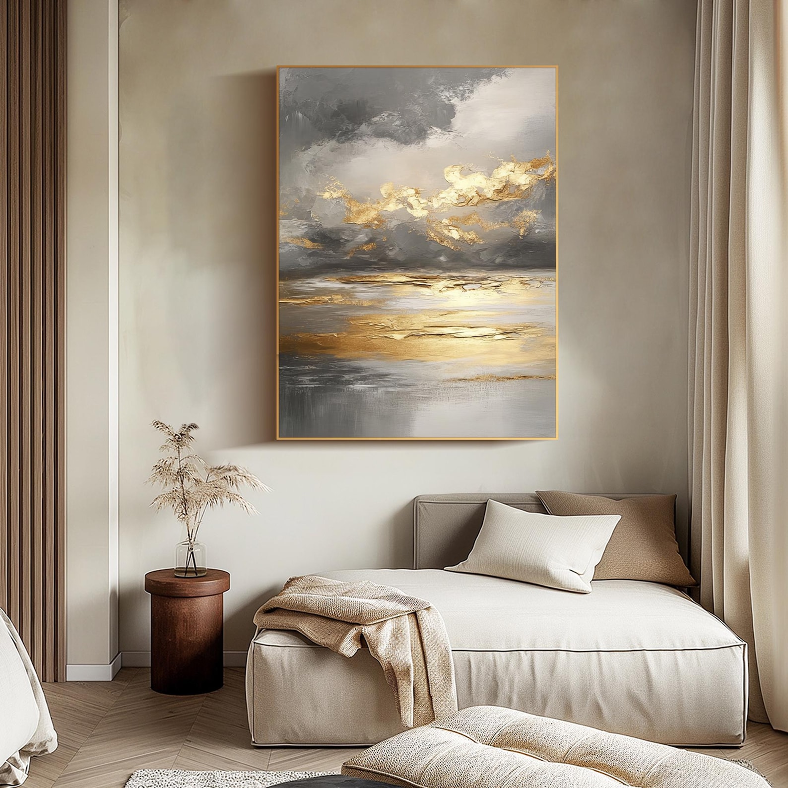 Golden Horizon Sunset – Hand-Painted Textured Seascape Canvas Wall Art