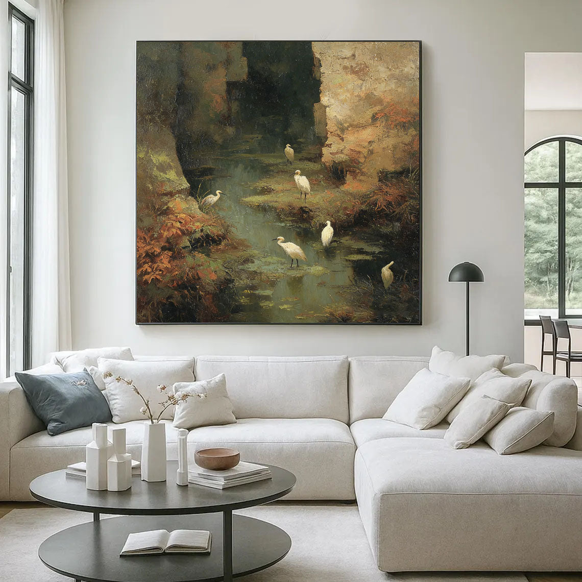 Hand-Painted Nature Landscape Wall Art Textured Bird & Water Scene Canvas for Elegant Home Decor