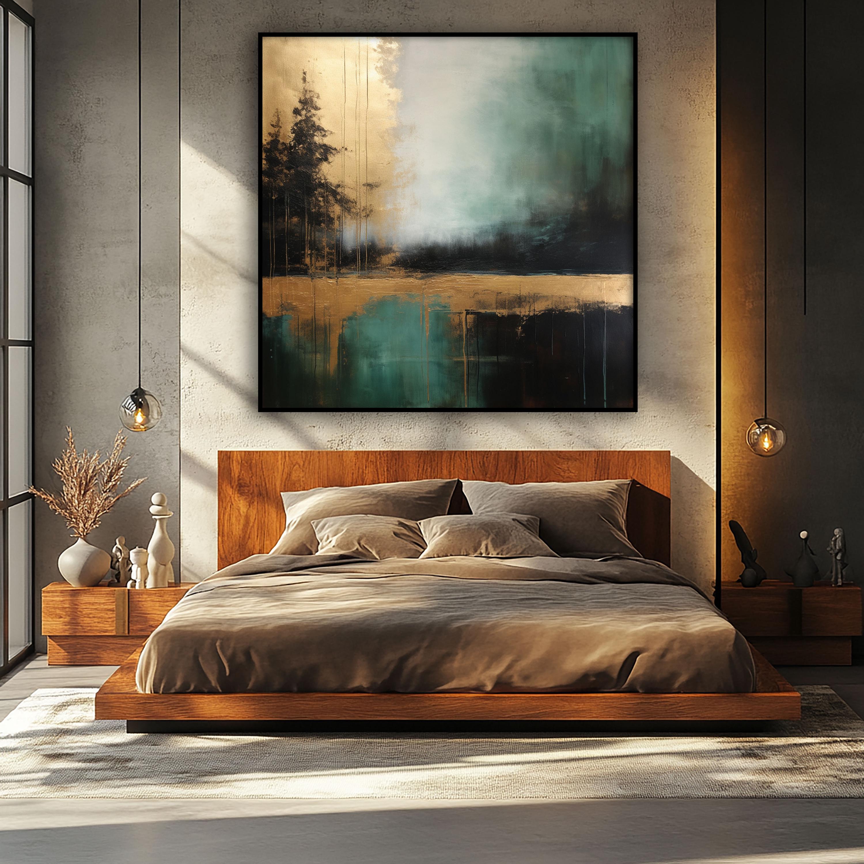 Modern Abstract Forest Oil Painting - Gold & Green Landscape Art for Home Décor