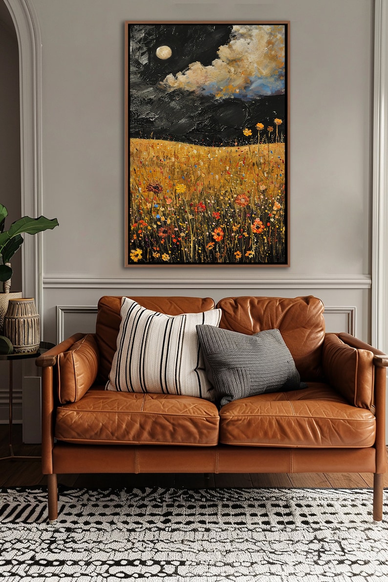 Moonlit Meadow – Hand-Painted Floral Landscape Wall Art