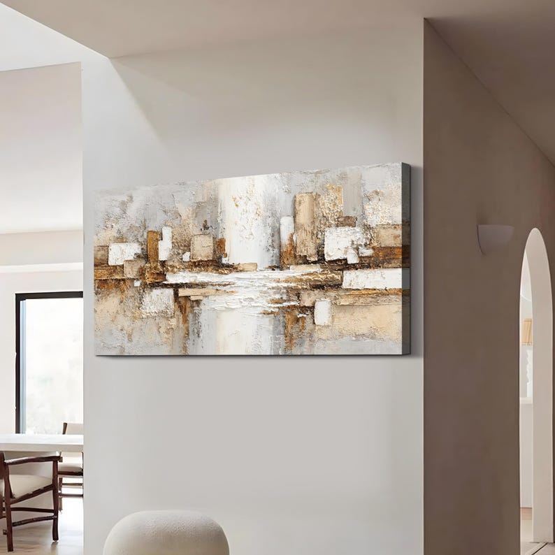 Balanced Horizon — Horizontal Textured Abstract Oil Painting for Modern Bedroom Wall Art