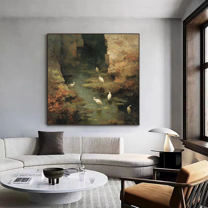 Hand-Painted Nature Landscape Wall Art Textured Bird & Water Scene Canvas for Elegant Home Decor