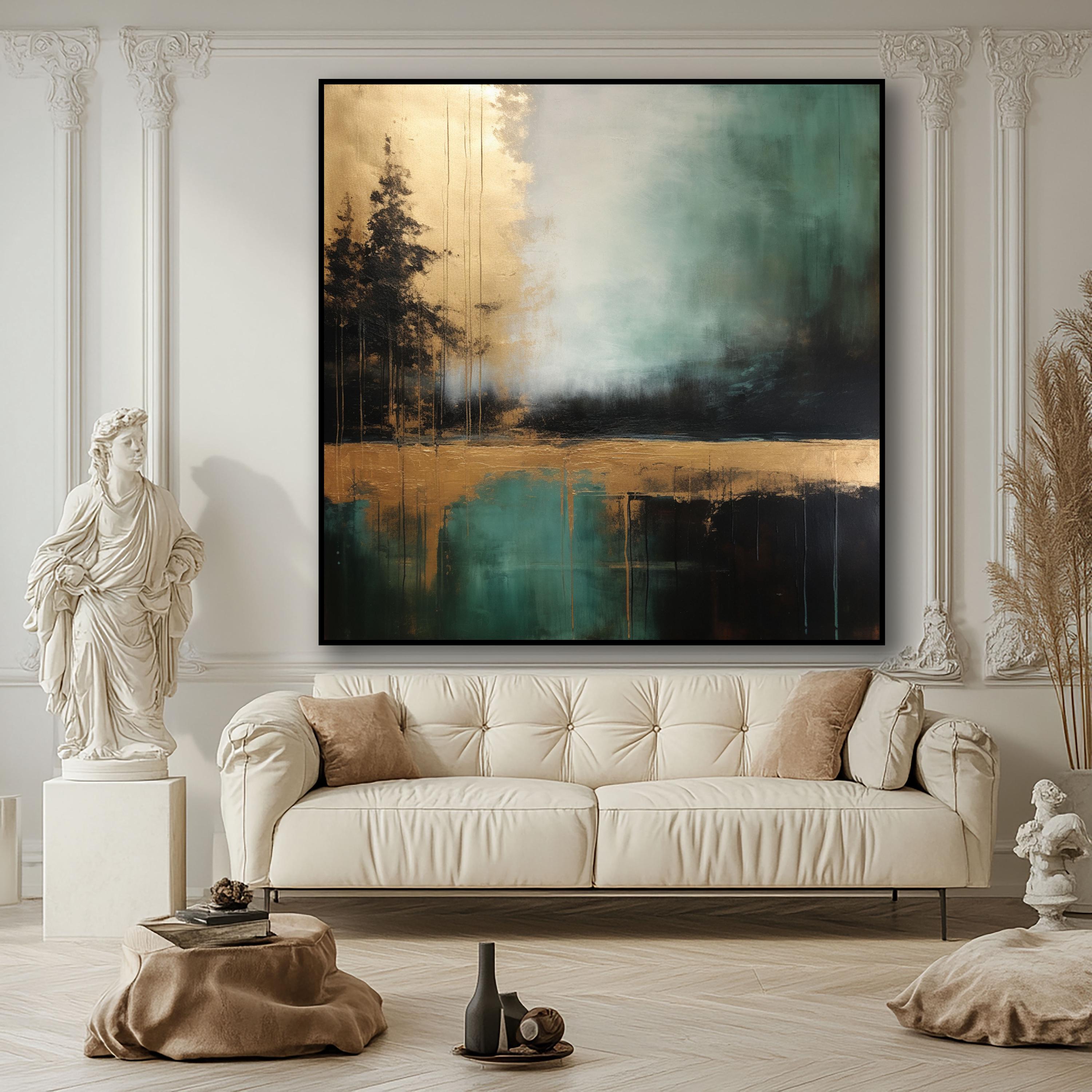 Modern Abstract Forest Oil Painting - Gold & Green Landscape Art for Home Décor