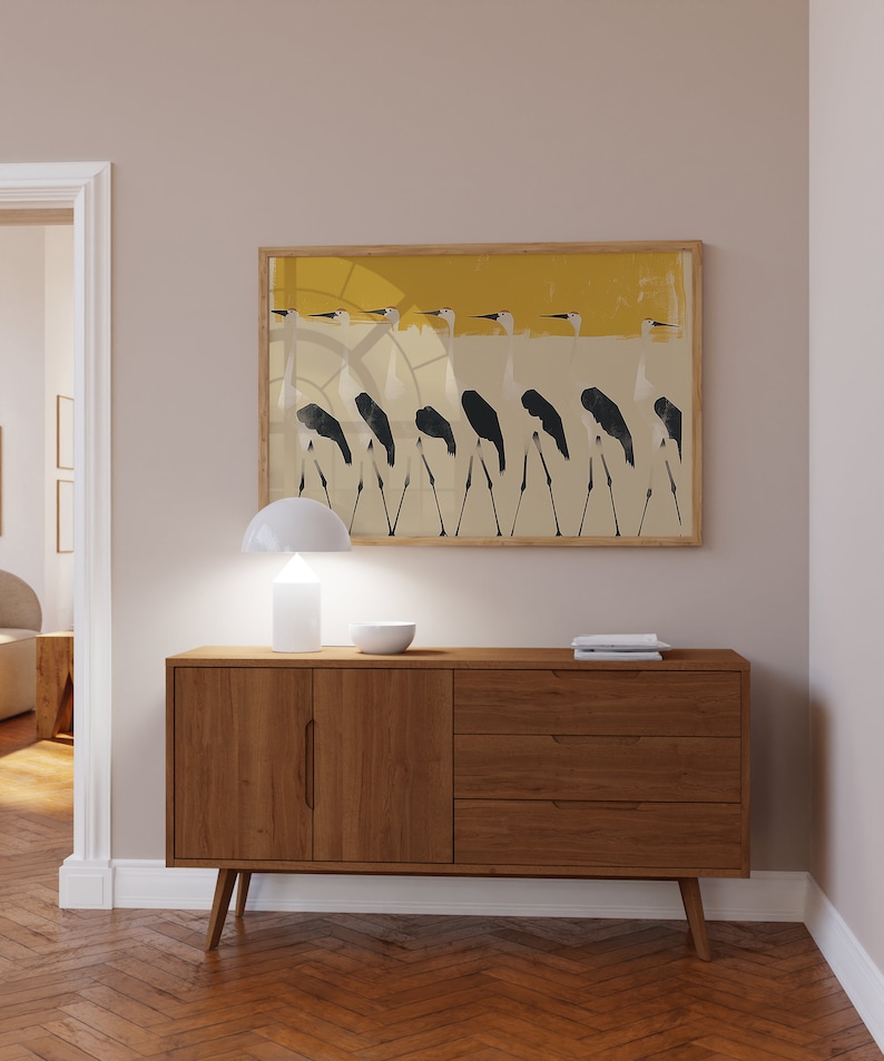 Silent Procession - Modern Crane Bird Oil Painting