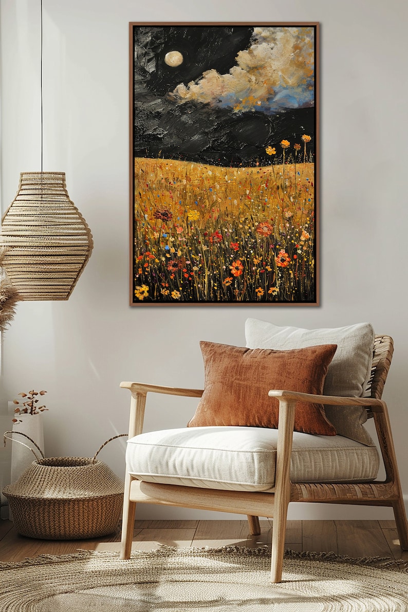 Moonlit Meadow – Hand-Painted Floral Landscape Wall Art