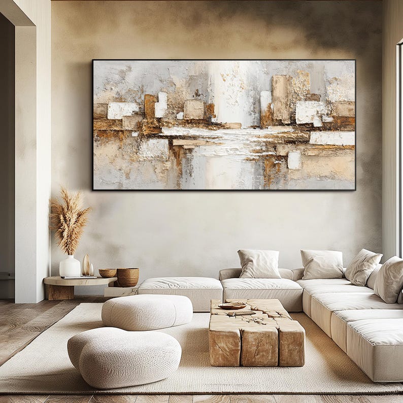 Balanced Horizon — Horizontal Textured Abstract Oil Painting for Modern Bedroom Wall Art