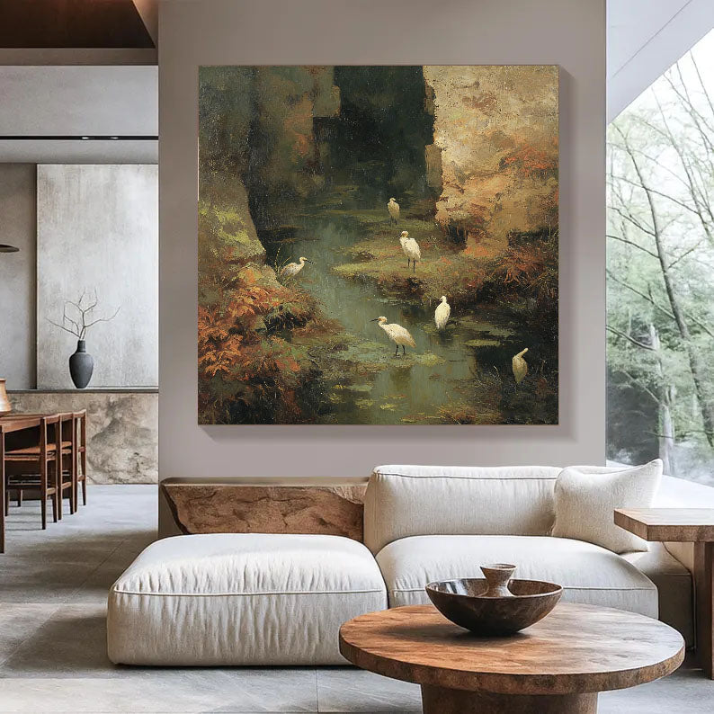 Hand-Painted Nature Landscape Wall Art Textured Bird & Water Scene Canvas for Elegant Home Decor