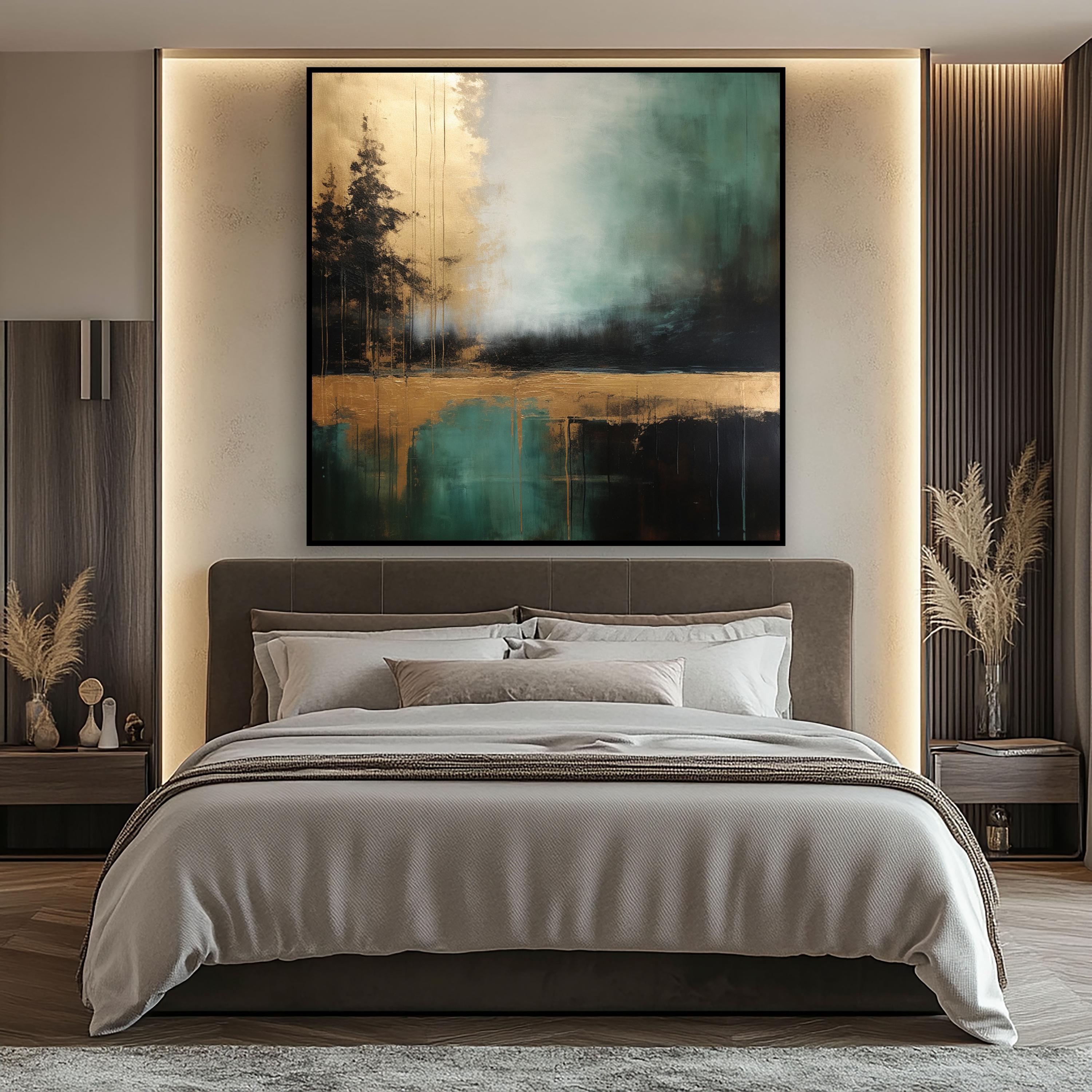 Modern Abstract Forest Oil Painting - Gold & Green Landscape Art for Home Décor