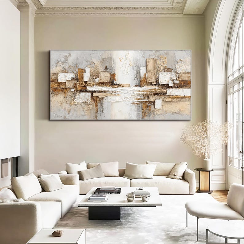 Balanced Horizon — Horizontal Textured Abstract Oil Painting for Modern Bedroom Wall Art