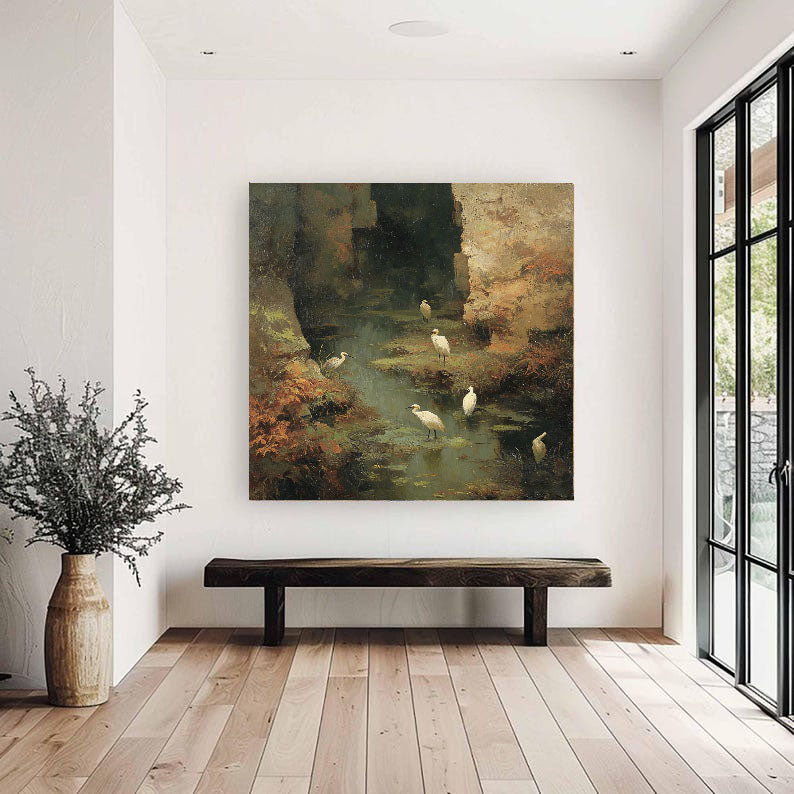 Hand-Painted Nature Landscape Wall Art Textured Bird & Water Scene Canvas for Elegant Home Decor