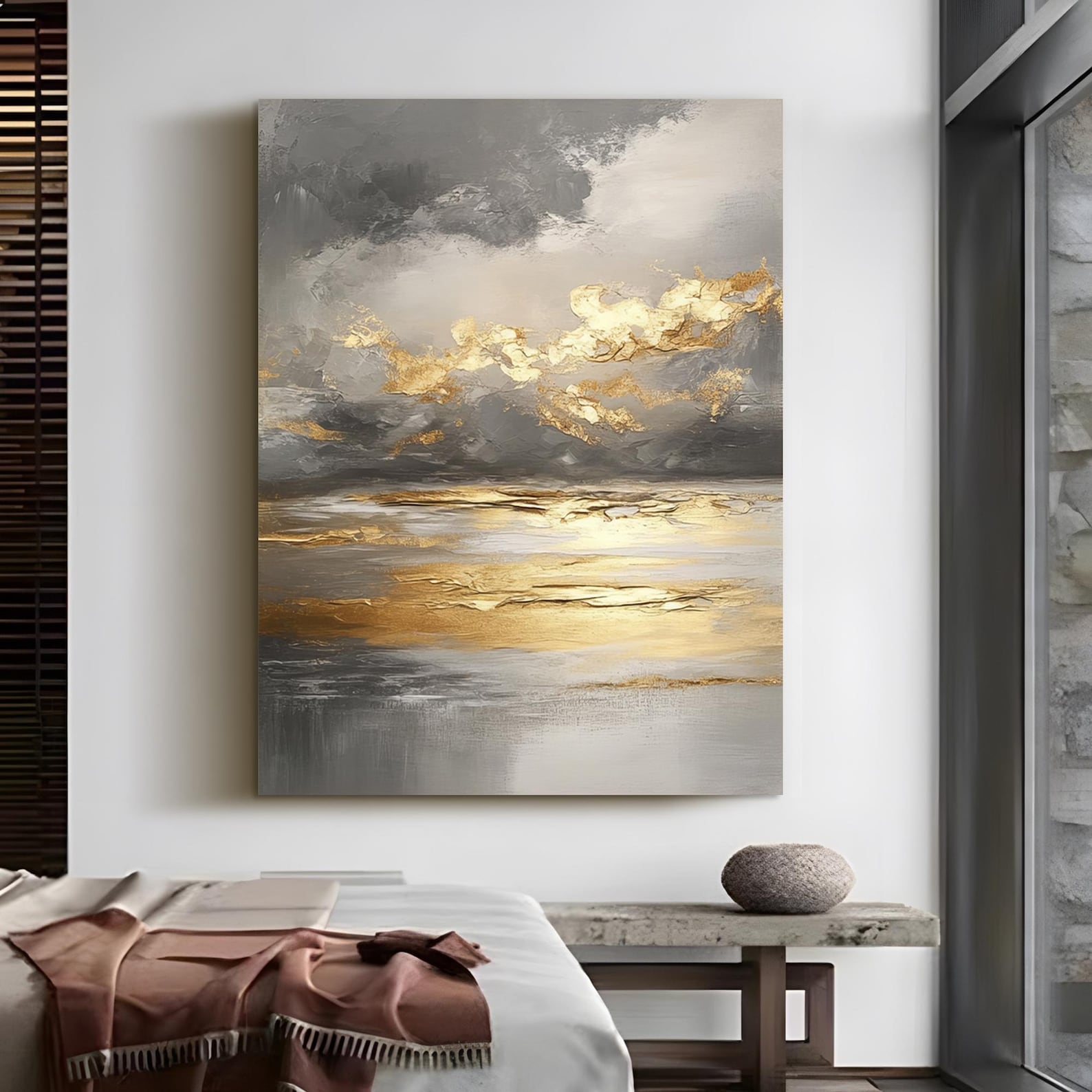 Golden Horizon Sunset – Hand-Painted Textured Seascape Canvas Wall Art