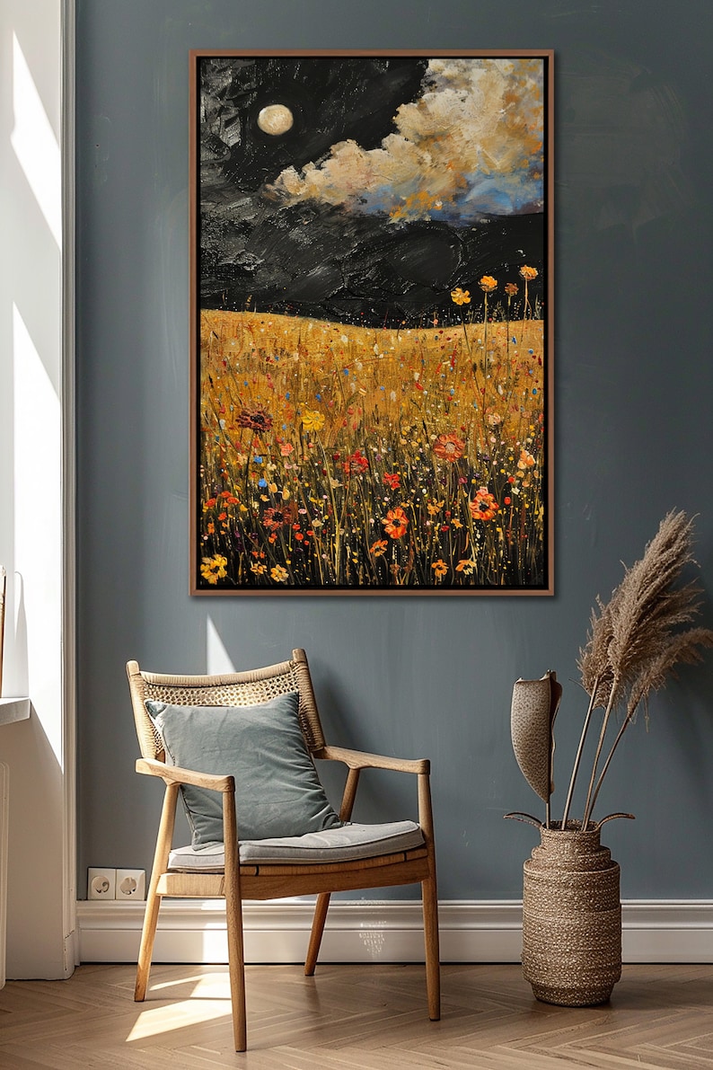 Moonlit Meadow – Hand-Painted Floral Landscape Wall Art