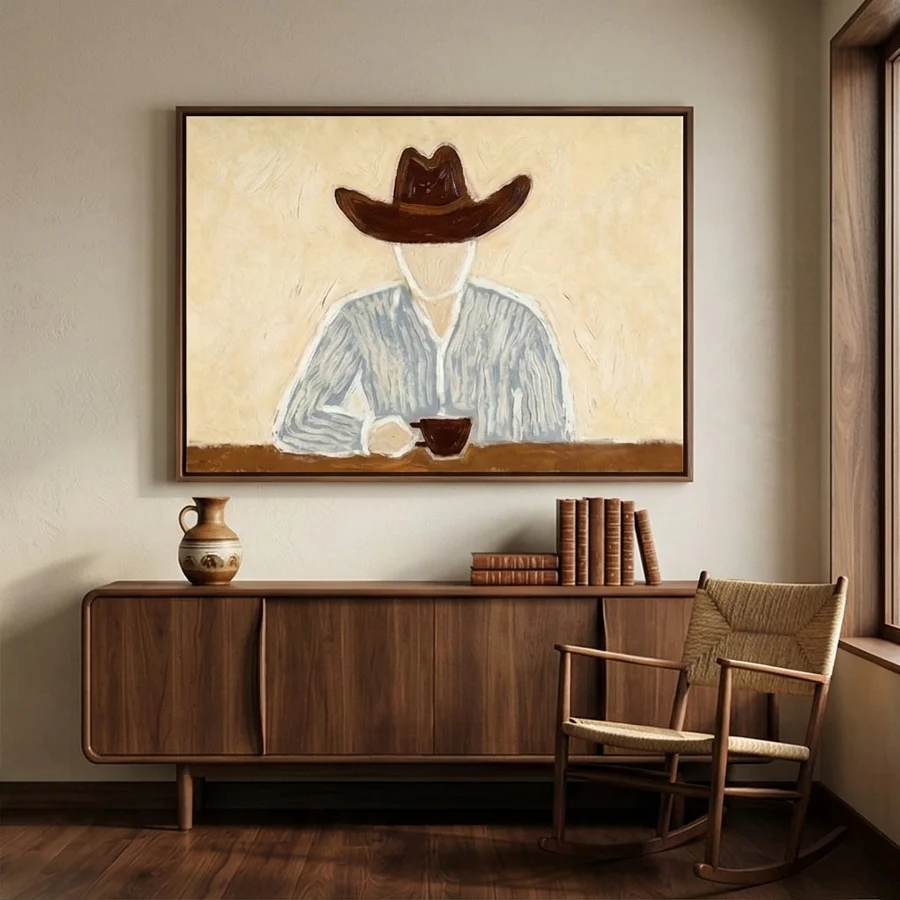 Cowboy Coffee – Minimalist Modern Western Figure Oil Painting