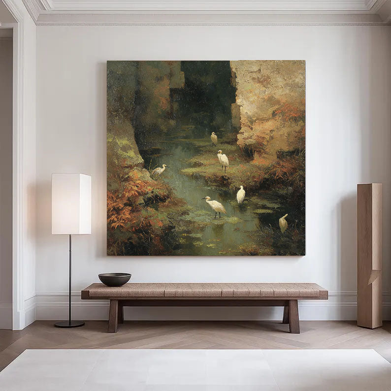 Hand-Painted Nature Landscape Wall Art Textured Bird & Water Scene Canvas for Elegant Home Decor