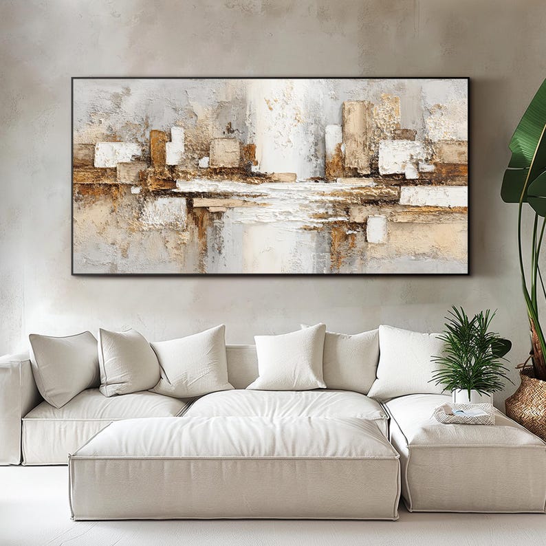 Balanced Horizon — Horizontal Textured Abstract Oil Painting for Modern Bedroom Wall Art