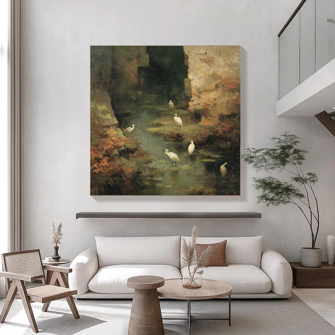 Hand-Painted Nature Landscape Wall Art Textured Bird & Water Scene Canvas for Elegant Home Decor