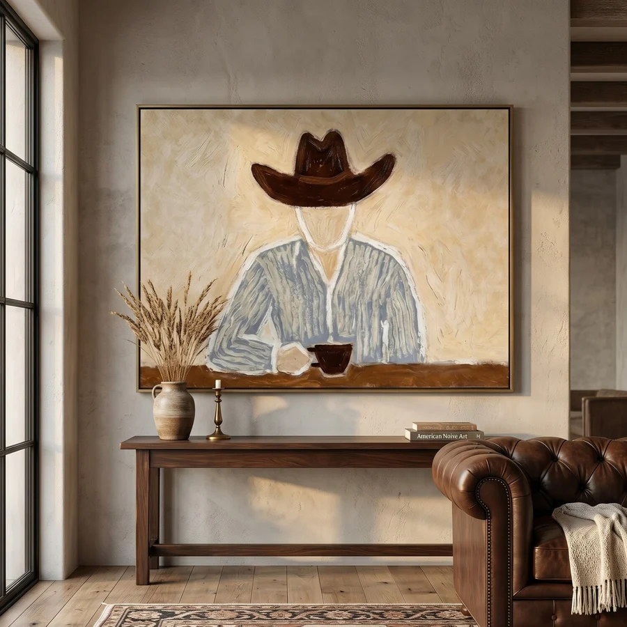 Cowboy Coffee – Minimalist Modern Western Figure Oil Painting