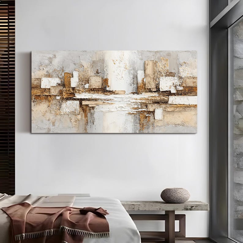 Balanced Horizon — Horizontal Textured Abstract Oil Painting for Modern Bedroom Wall Art