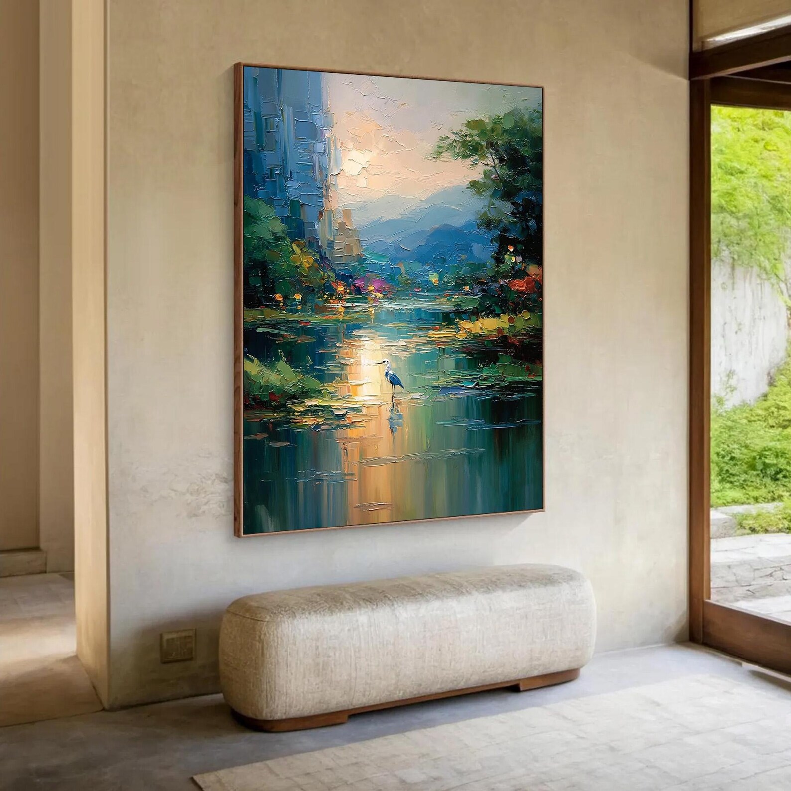 Reflections of Serenity – Abstract Landscape Canvas Wall Art, Mountain Lake Sunset Painting for Modern Home Decor