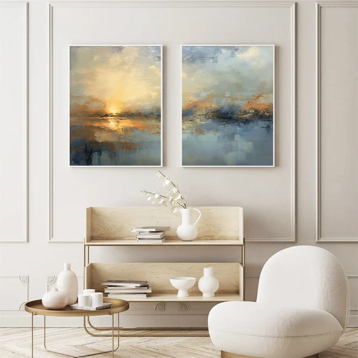 Sunset Reflection – Textured Abstract Landscape Diptych