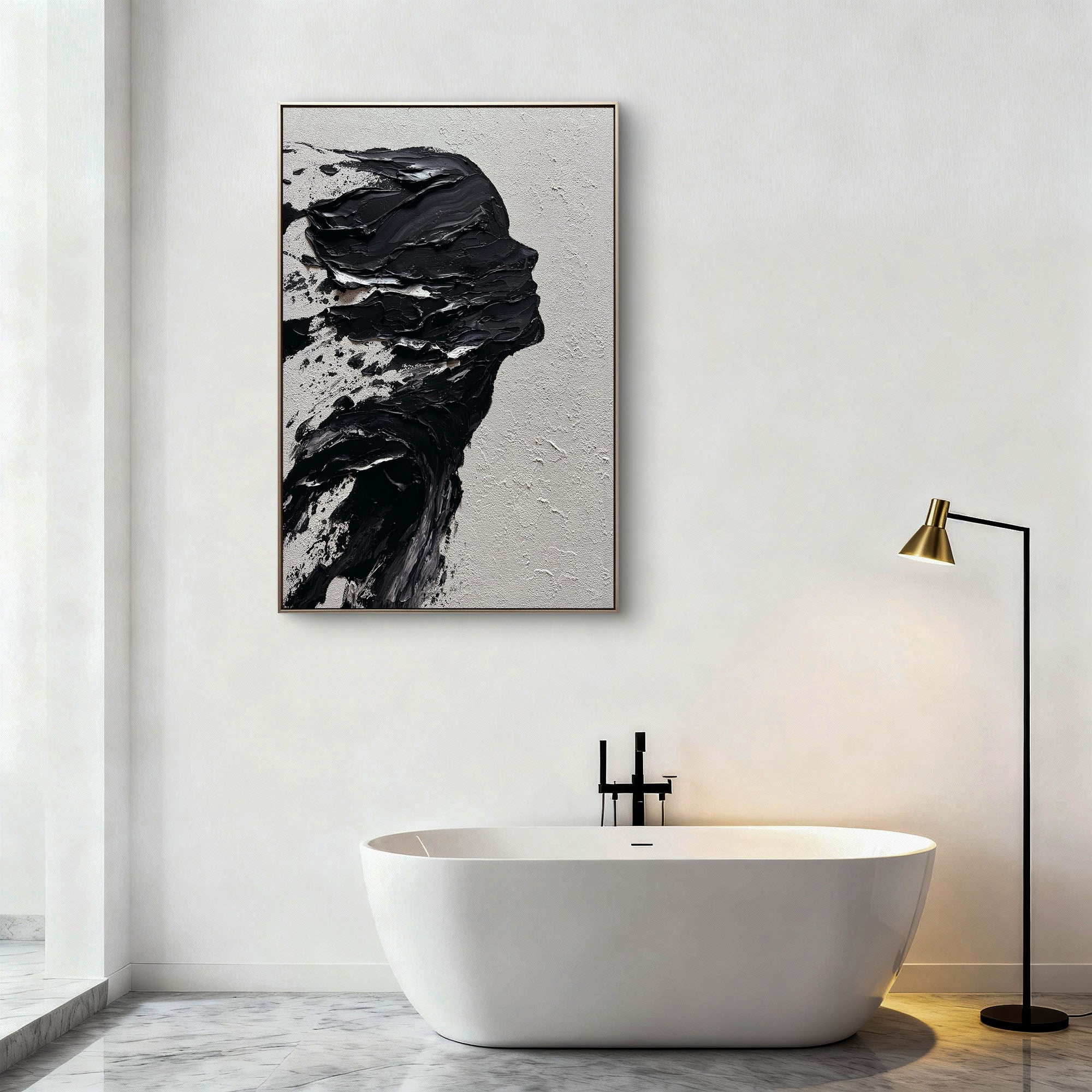 Ethereal Dissolution” – Black Abstract Portrait Wall Art, Textured Minimalist Figure Painting