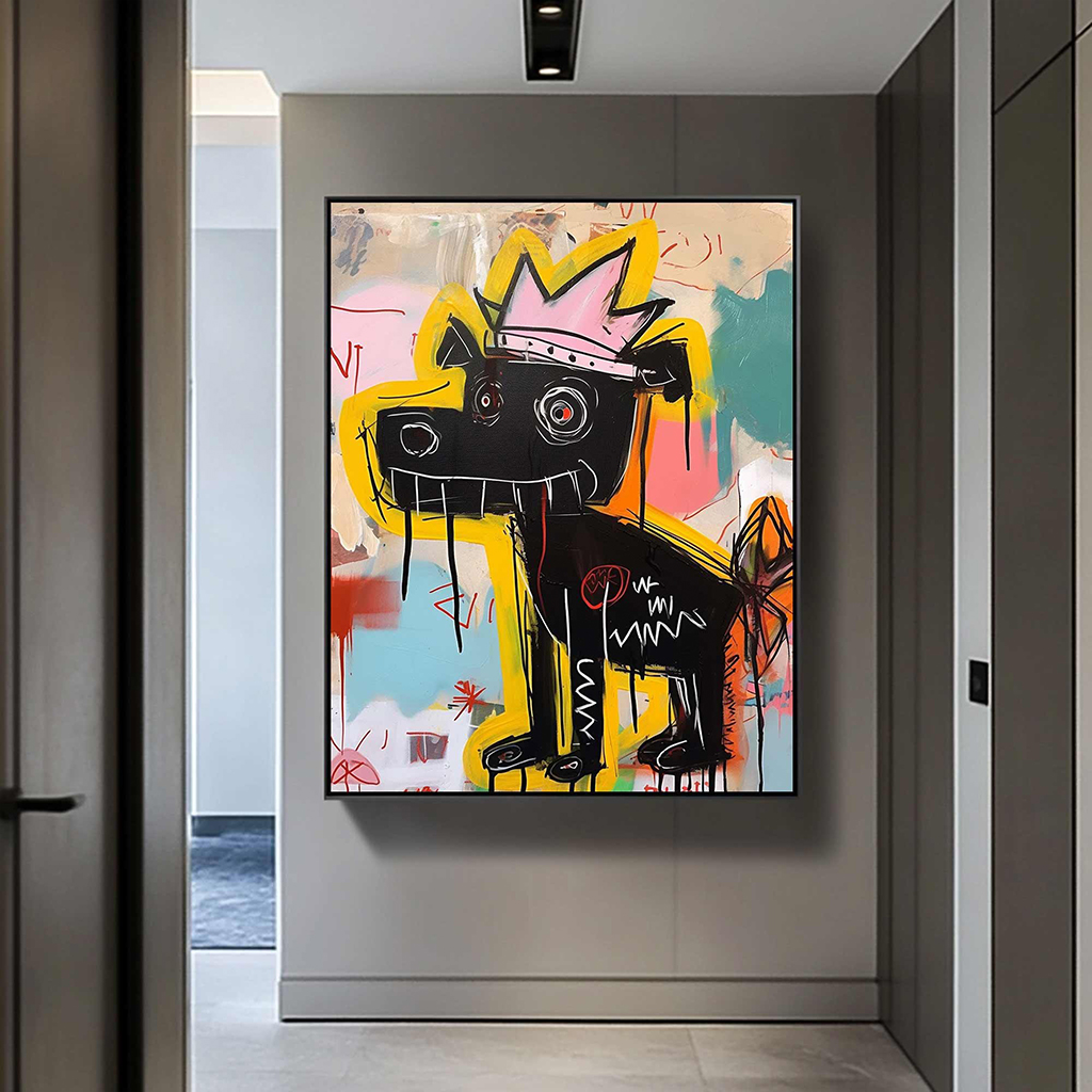 Graffiti Dog Wall Art – Pop Art Crowned Dog Canvas Painting for Modern Home Décor