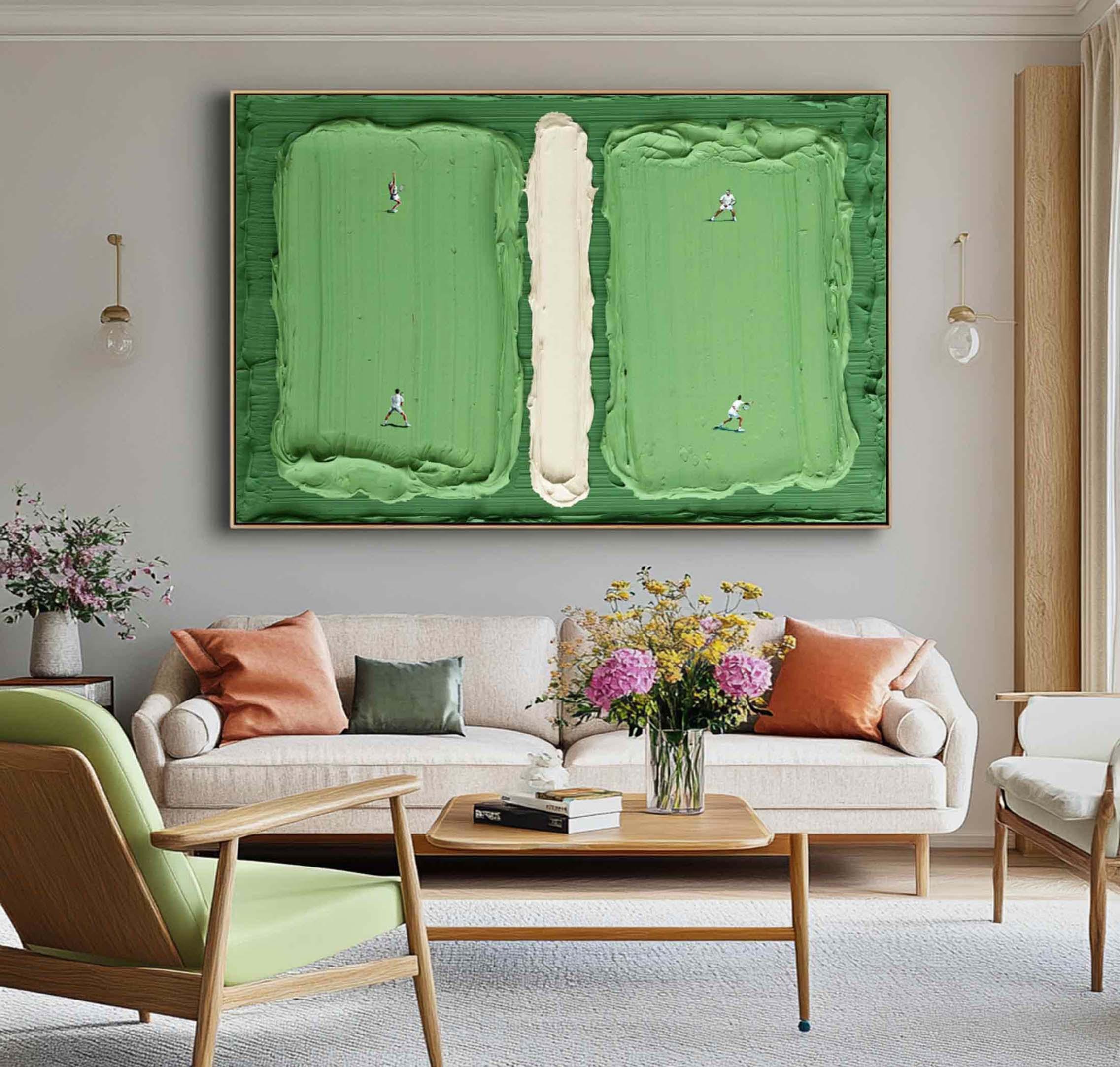 Match Point – Textured Abstract Tennis Court Wall Art for Modern Home Decor Textured abstract painting of a tennis court with mini players in green and cream tones, perfect for modern wall decor.