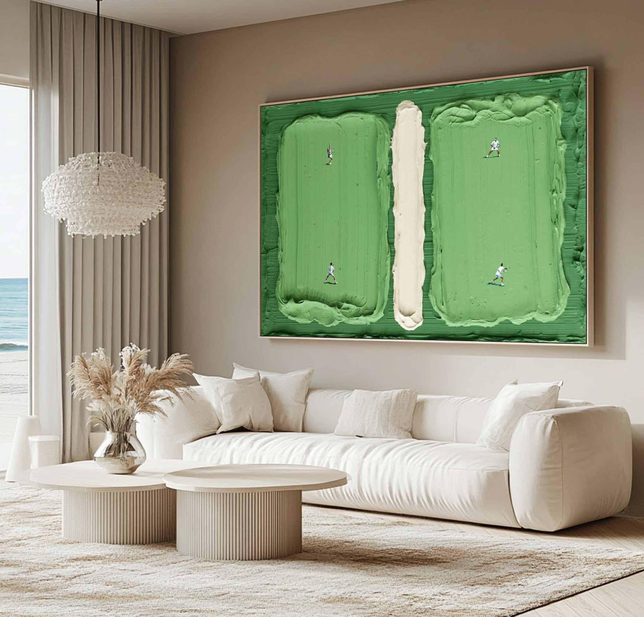 Match Point – Textured Abstract Tennis Court Wall Art for Modern Home Decor Textured abstract painting of a tennis court with mini players in green and cream tones, perfect for modern wall decor.