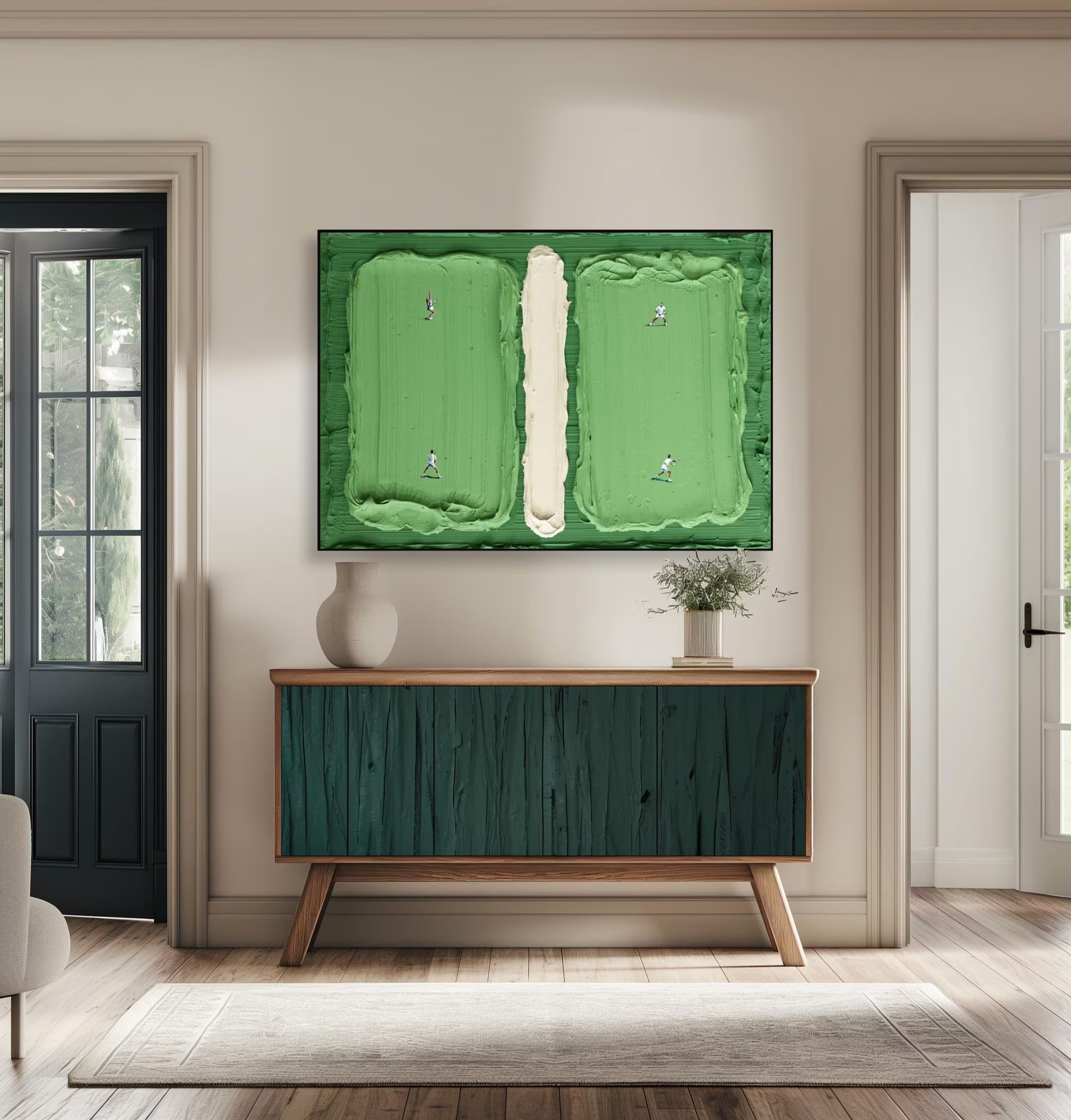 Match Point – Textured Abstract Tennis Court Wall Art for Modern Home Decor Textured abstract painting of a tennis court with mini players in green and cream tones, perfect for modern wall decor.