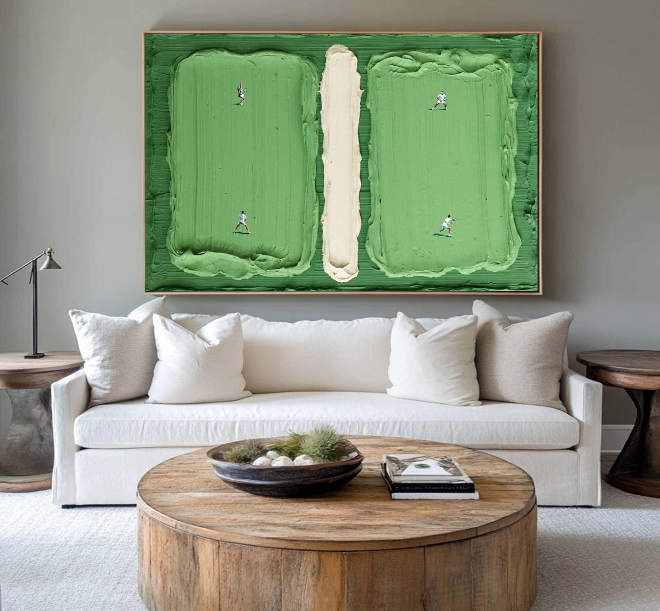 Match Point – Textured Abstract Tennis Court Wall Art for Modern Home Decor Textured abstract painting of a tennis court with mini players in green and cream tones, perfect for modern wall decor.
