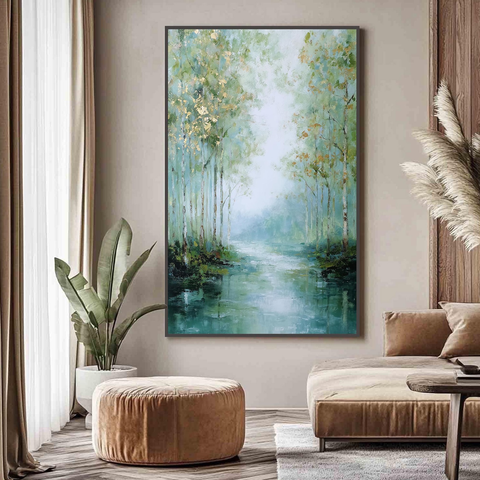 Whispers Through the Trees – Abstract Forest Canvas Wall Art, Tranquil River Landscape Painting for Modern Home Decor