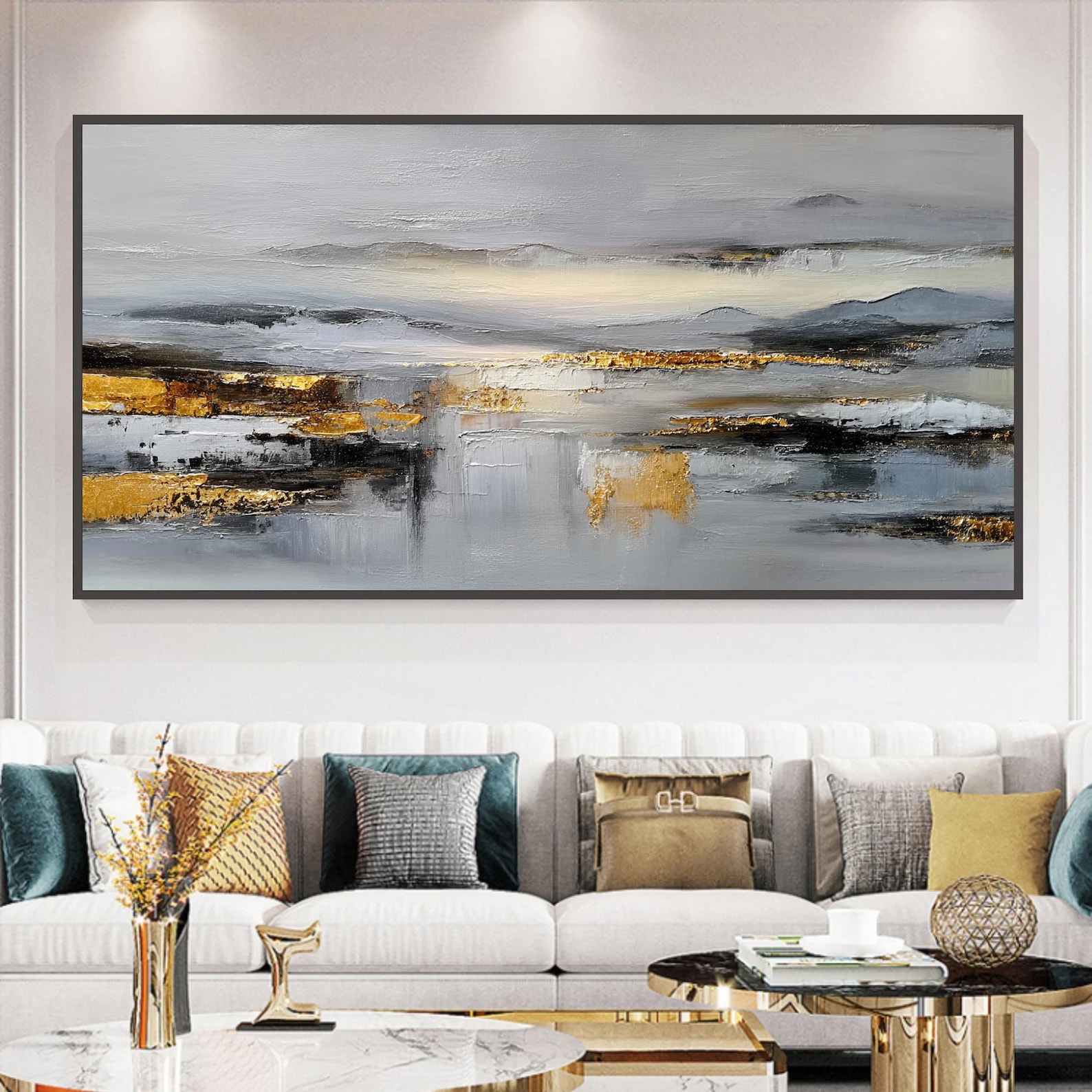 Golden Mist Horizon – Hand-Painted Textured Abstract Landscape Canvas Wall Art