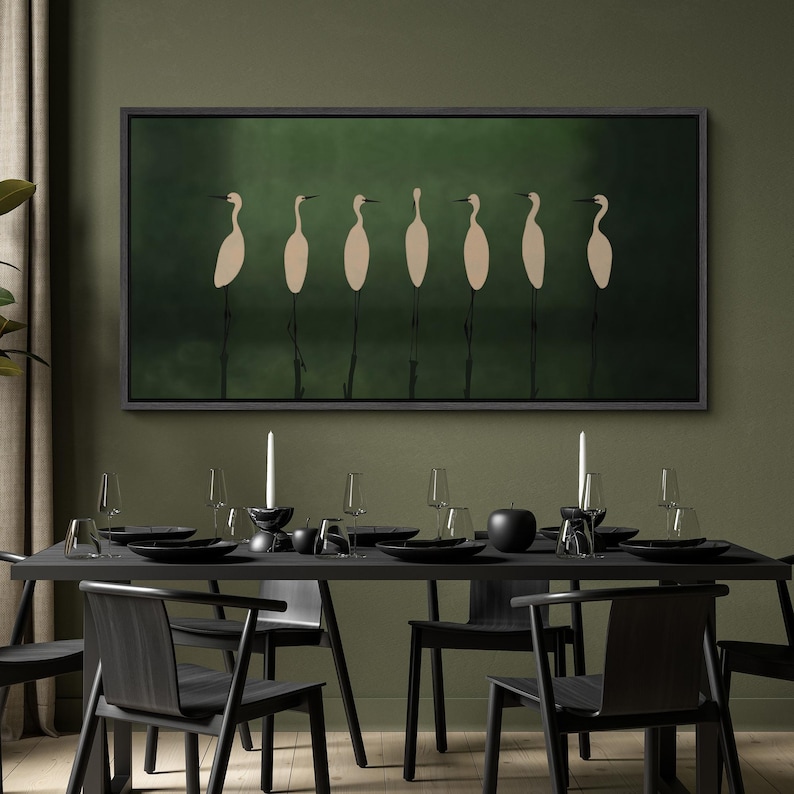 Emerald Stillness - Minimalist Crane Bird Oil Painting