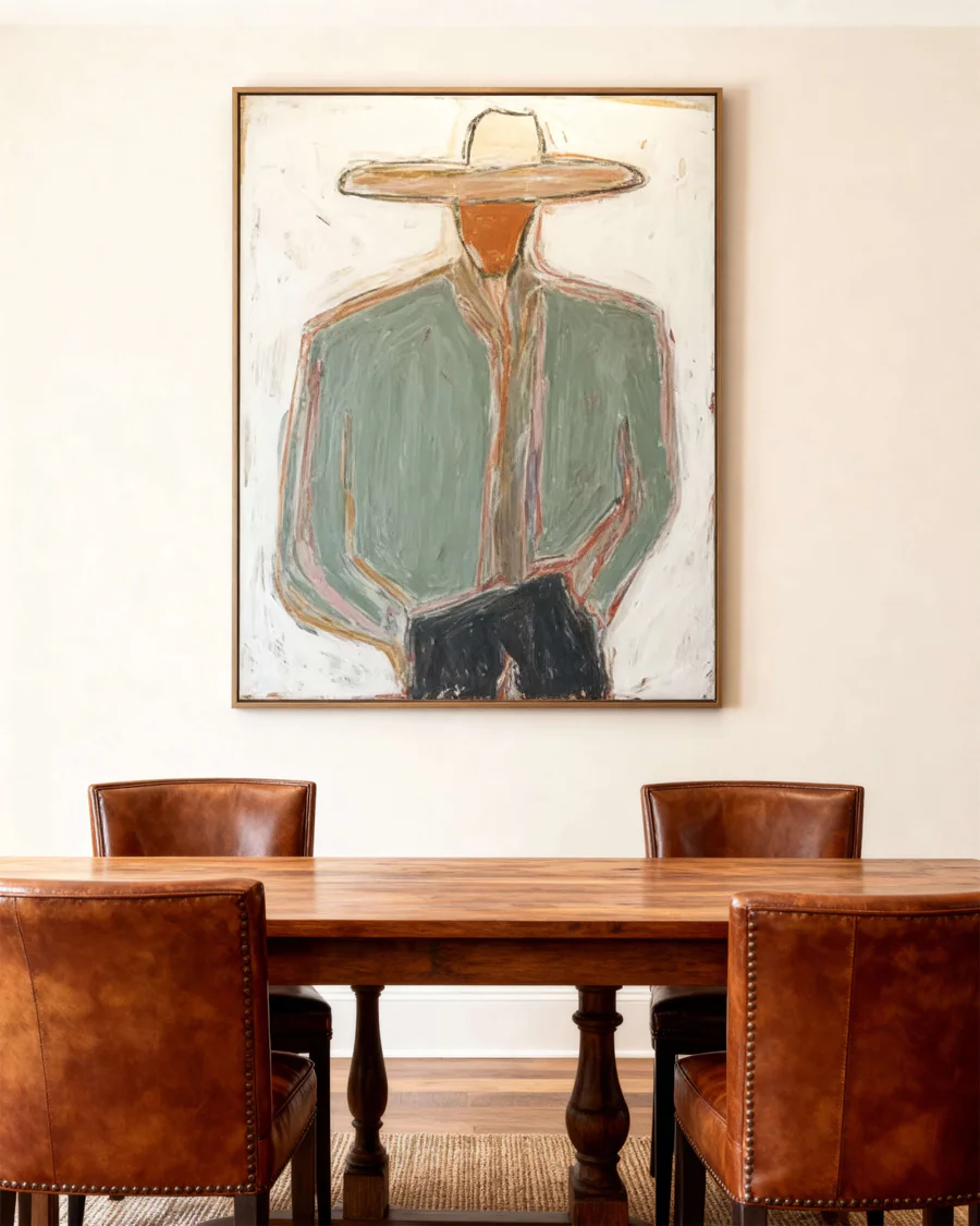 Western Sentinel – Hand-Painted Minimalist Cowboy Figure Oil Painting