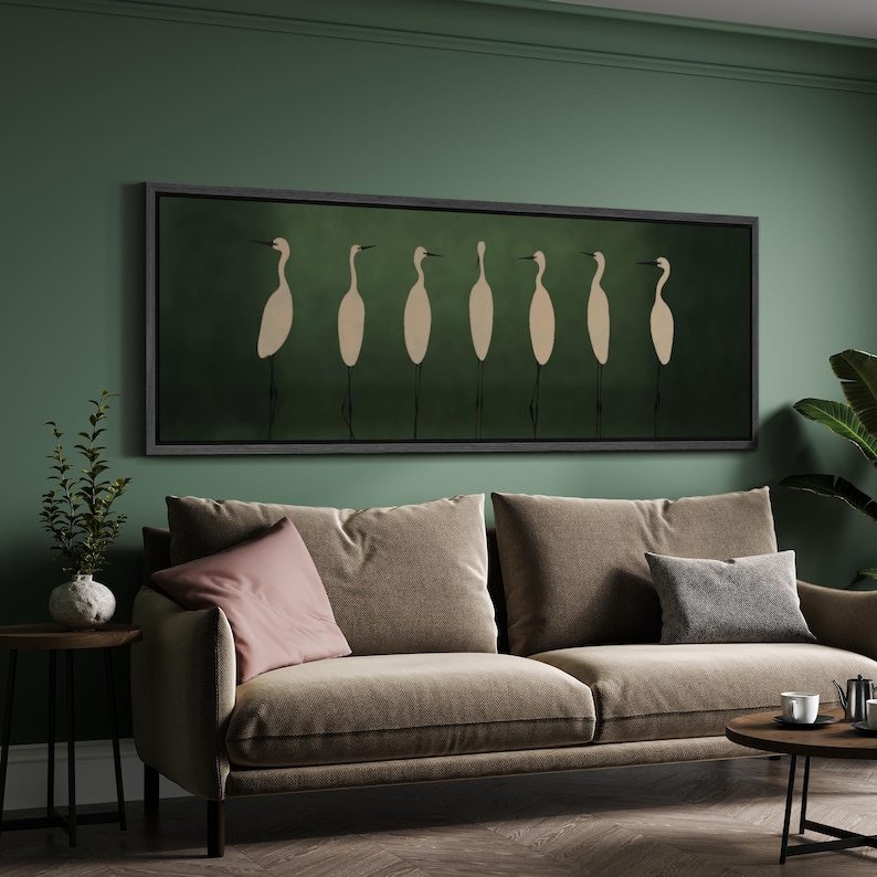 Emerald Stillness - Minimalist Crane Bird Oil Painting