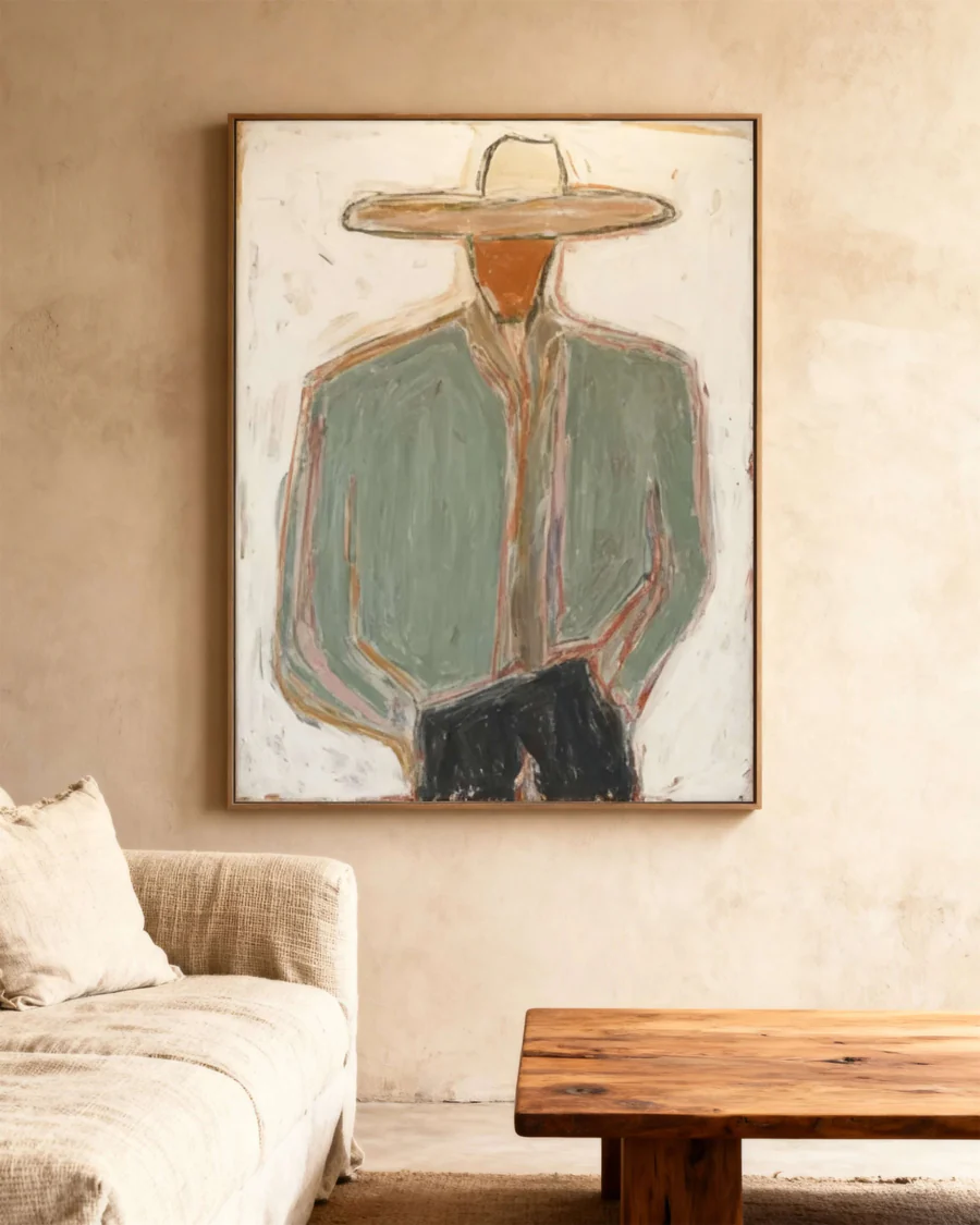 Western Sentinel – Hand-Painted Minimalist Cowboy Figure Oil Painting